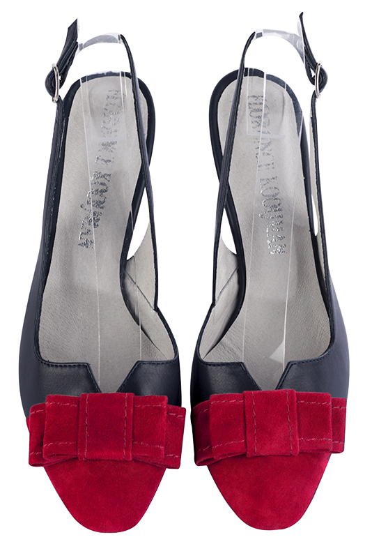 Cardinal red and navy blue women's open back shoes, with a knot. Round toe. High slim heel. Top view - Florence KOOIJMAN